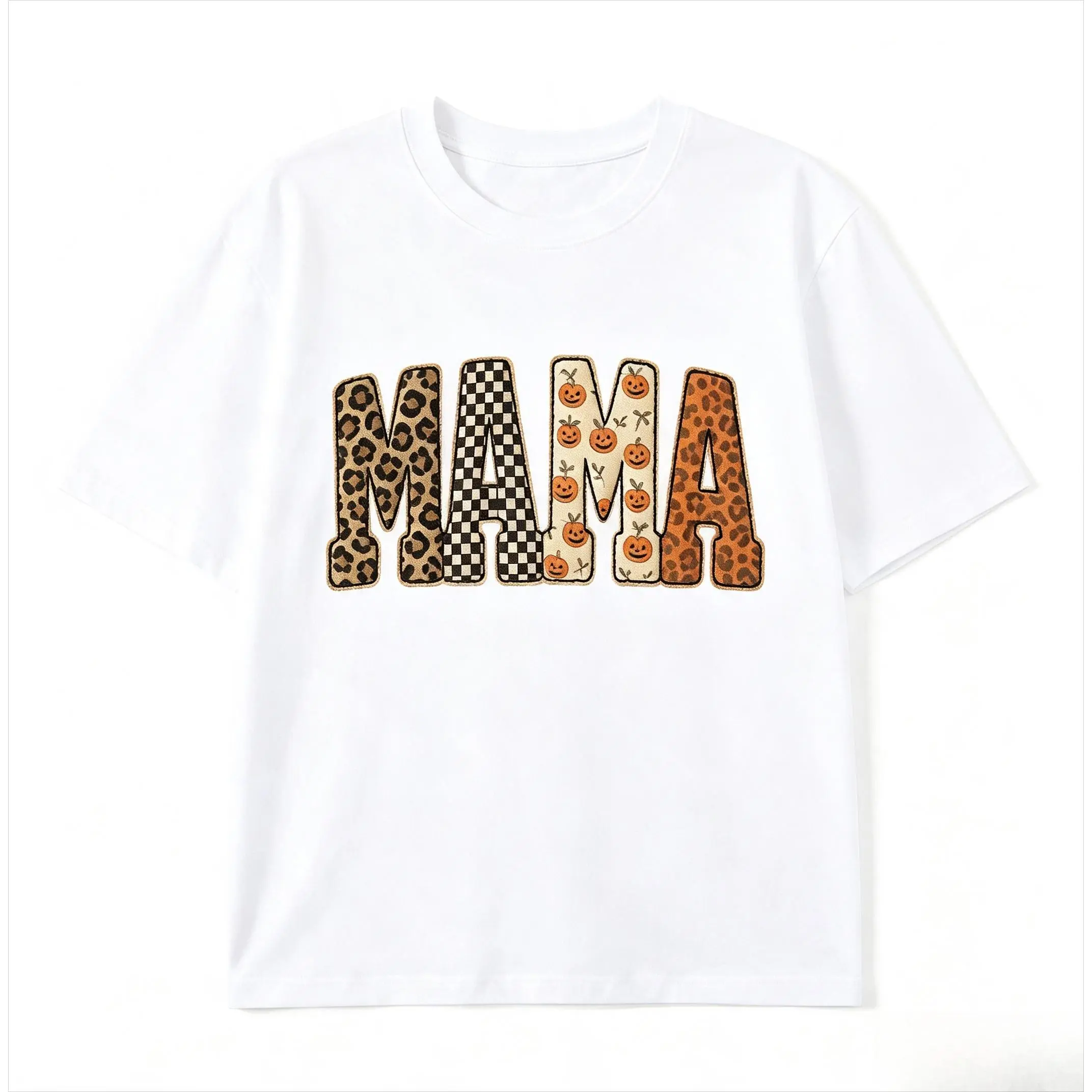 Men's Light Soft Oversized Short-Sleeve Pure Cotton T-Shirt - Checkerboard, Mama Leopard, Pumpkin Letter Graphic, Fall Casual Outfit, Halloween, Ideal Mother's Day Gift For Mom