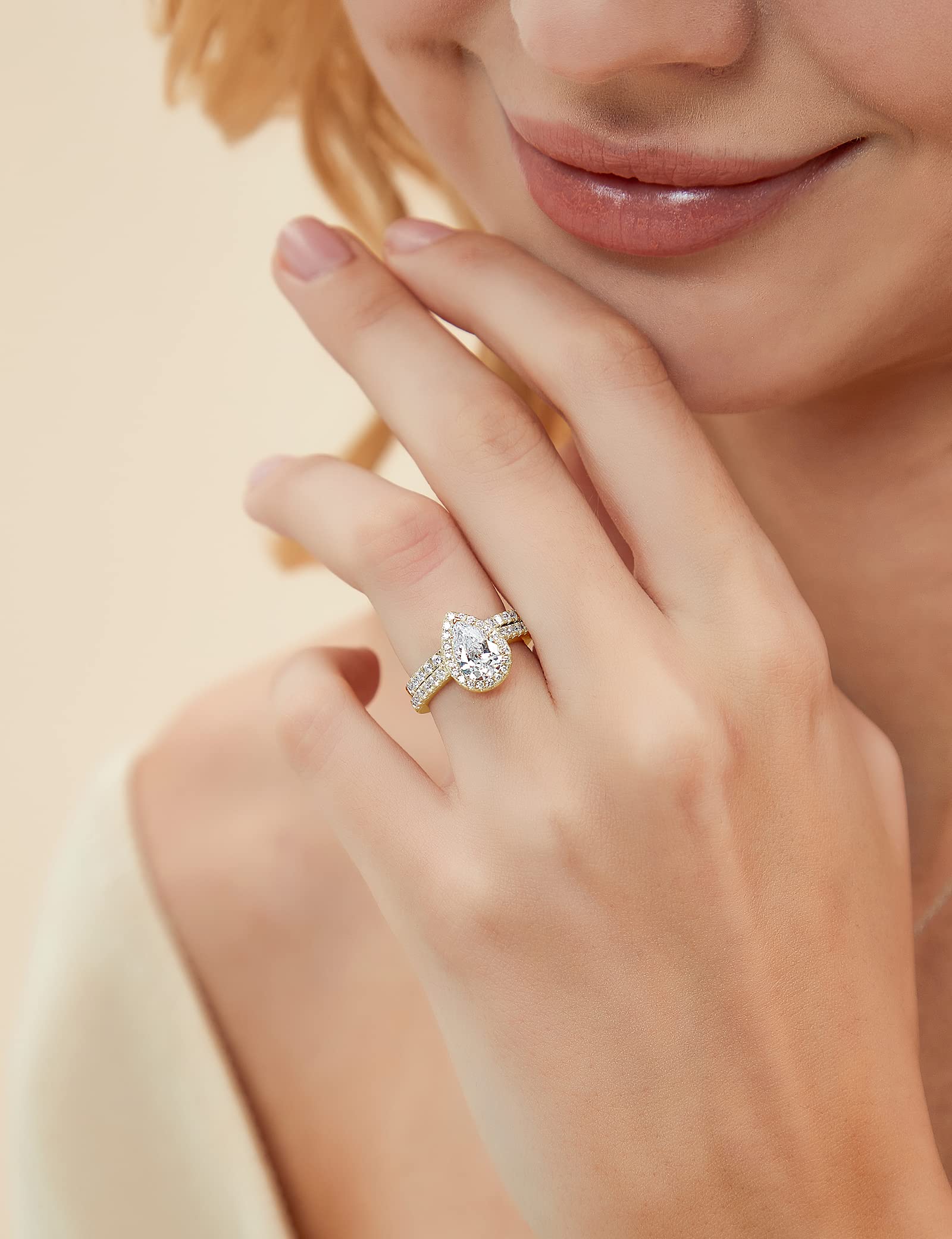 EAMTI 1.5CT 925 Sterling Silver Wedding Band Teardrop Bridal Rings Sets Halo Cubic Zirconia Solitaire Promise Engagement Rings for Women