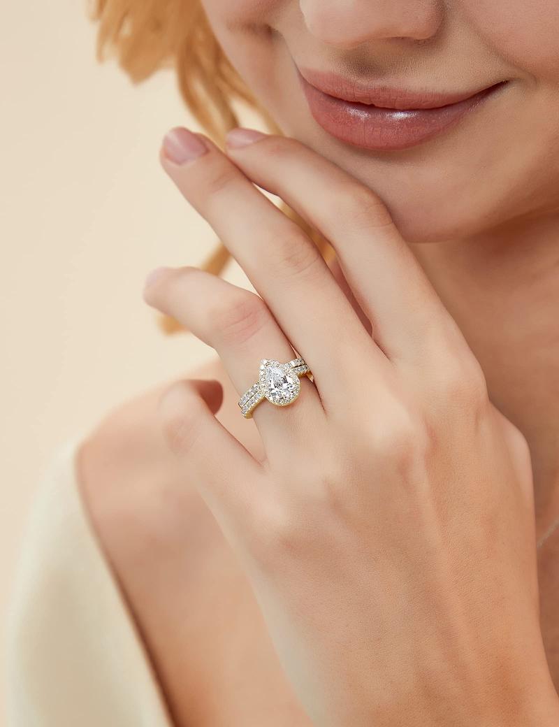 EAMTI 1.5CT 925 Sterling Silver Wedding Band Teardrop Bridal Rings Sets Halo Cubic Zirconia Solitaire Promise Engagement Rings for Women