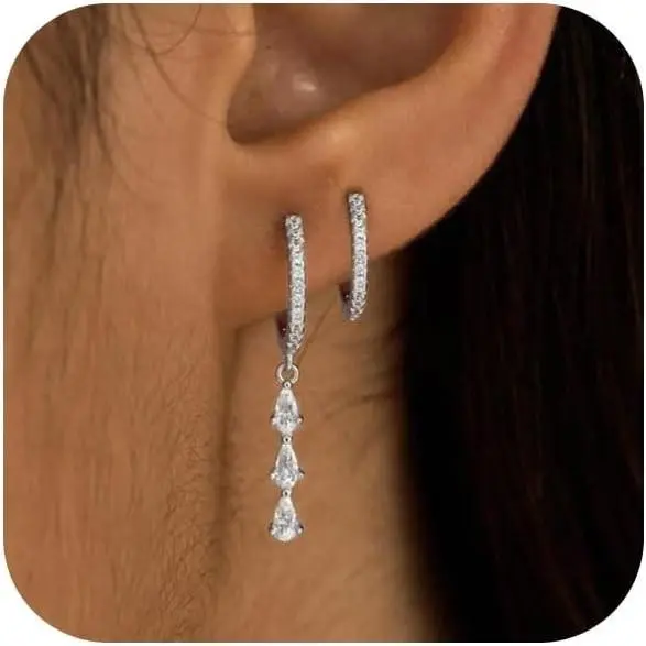Silver-cz dangle hoop set