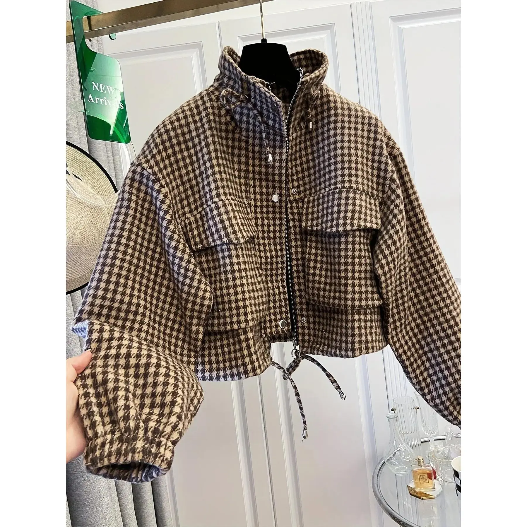 2026 Ocean Style Women's Fashion Retro Gingham Plaid Stand Collar Short Coat, Drawstring Design, Zipper Front, Perfect for Fall Winter Daily Holiday Outing