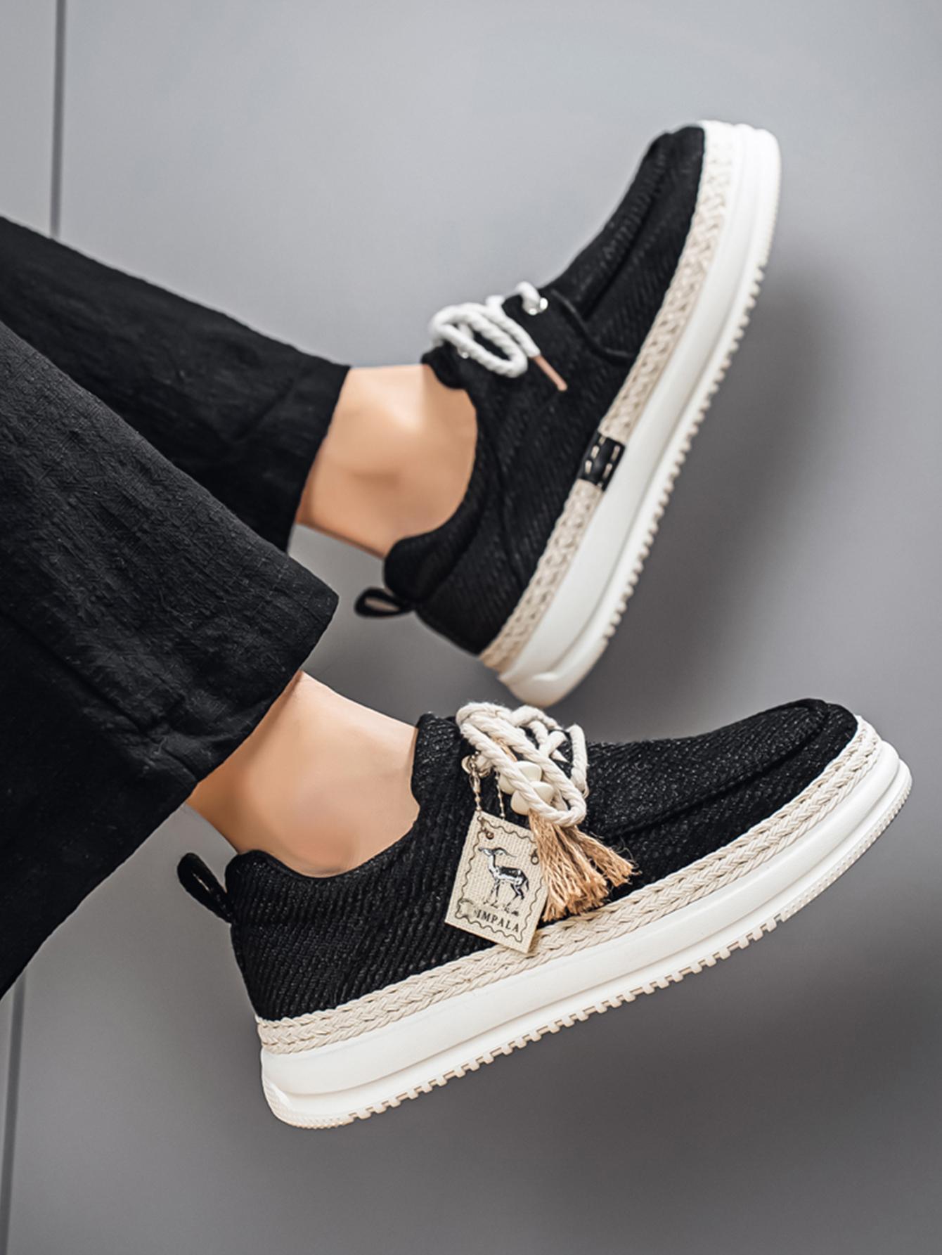 New Summer Men's Cotton Linen Shoes, Breathable Non-Stuffy, Straw Trim Fringe Design, Casual Retro Style, Perfect for Daily Wear