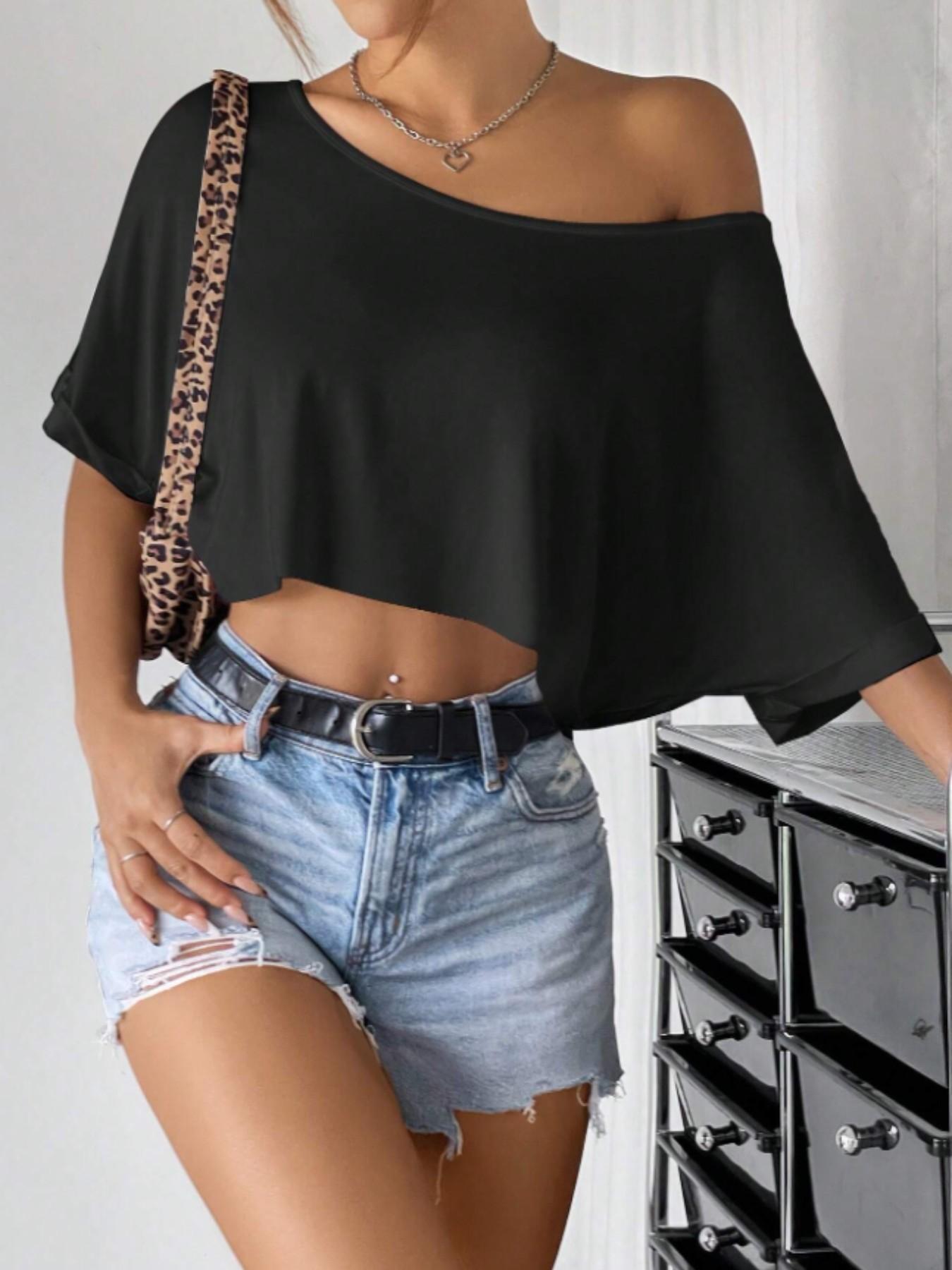 Women's Asymmetrical Shoulder One-Shoulder Short T-Shirt, Loose Fit, Casual, Sexy Off-The-Shoulder, High Waist, Crop Top, Short Sleeve Top