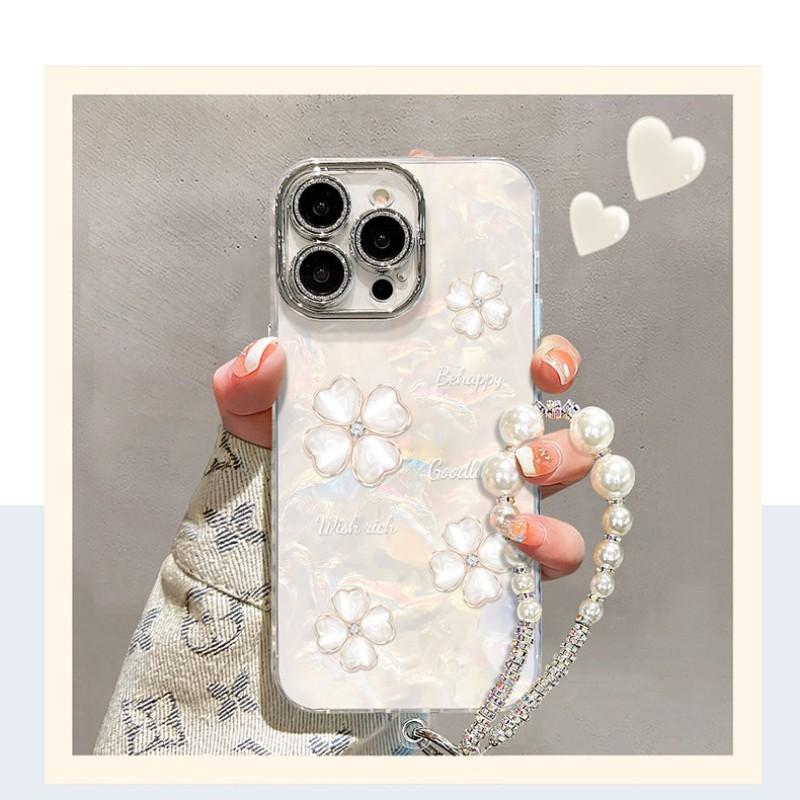 Elegant Pearl Chain Phone Case for iPhone 17 Series, 4 Leaf Clover Glitter Acrylic Cover, Luxury Aesthetic Shockproof Case for Women Girls