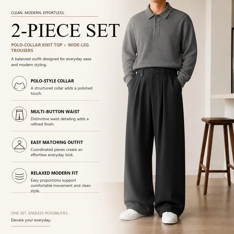Men's Coordinated 2-Piece Knit Outfit, Polo Collar Ribbed Knit Sweater with Straight Leg Tailored Pants, 8 Curated Solid Color Pairings, Sizes S-XXL, Daily Work Travel Style, Group 9