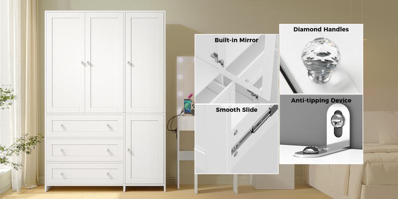 【2 Packages Delivery】VOWNER Wardrobe Closet Armoire Storage Cabinet 3 Doors with Hanging Rod for Hanging Clothes Bedroom Large Capacity Tall Freestanding Armoire Organizer with Shelves particle board