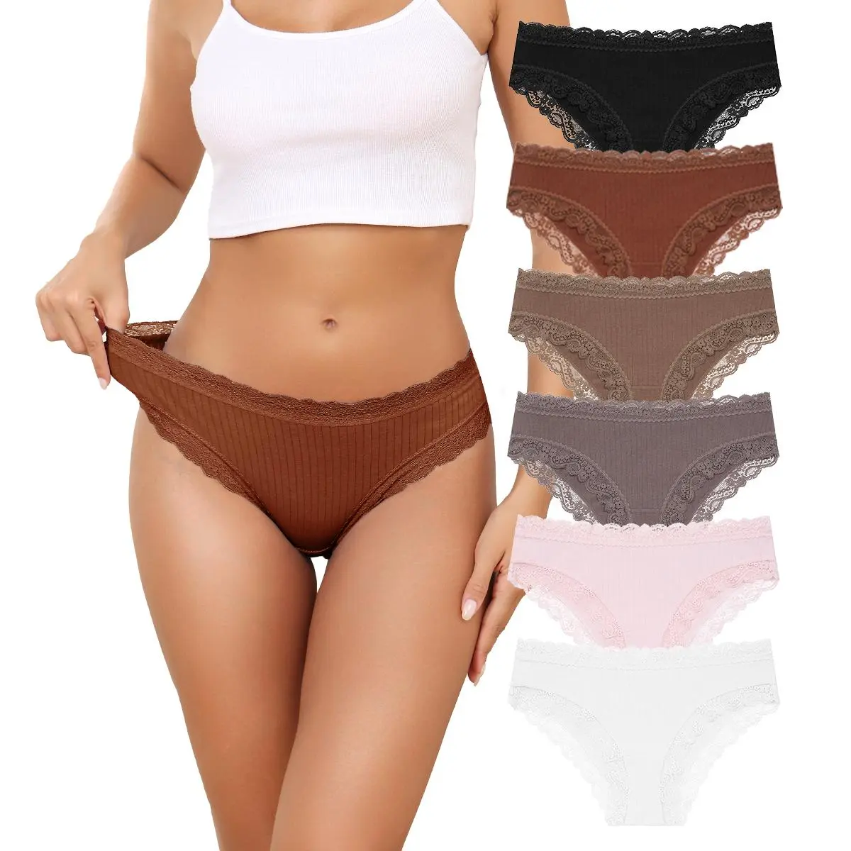 LEVAO Lace Cheeky Bikini Underwear for Women Soft Stretch Cotton Blend No Show Sexy Hipster Panties 6 Pack S-XL