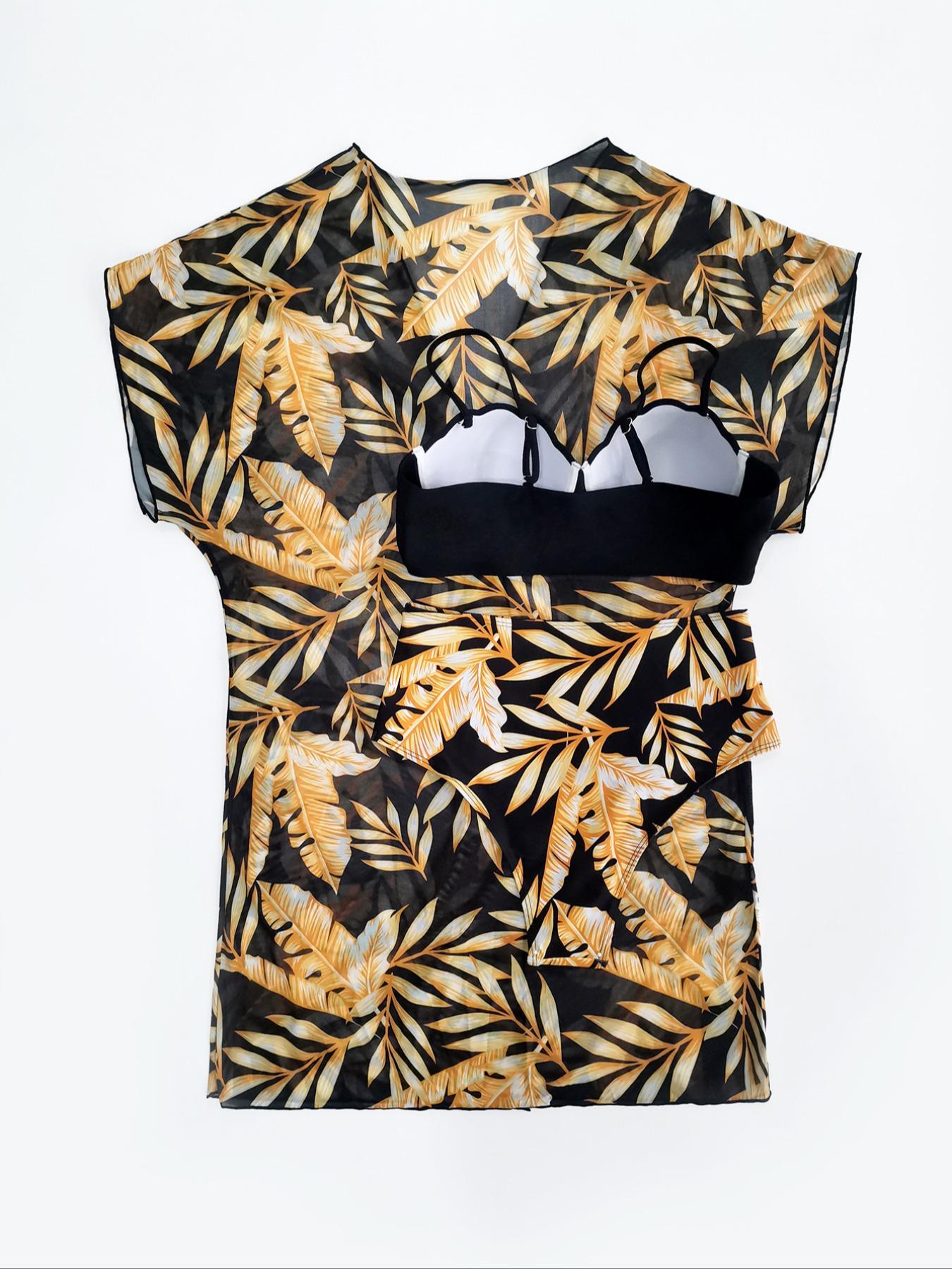 Women's Leaf Print Swimsuit Set, Boho Spaghetti Strap Push Up Swim Bikini Tops & Cover Up & High Waist Panty, Bikini Sets, Boho Style Summer Beach Swimwear Set for Women, Swimsuits Bikinis, High Waisted Bikini Sets, Tropical Print Bikinis