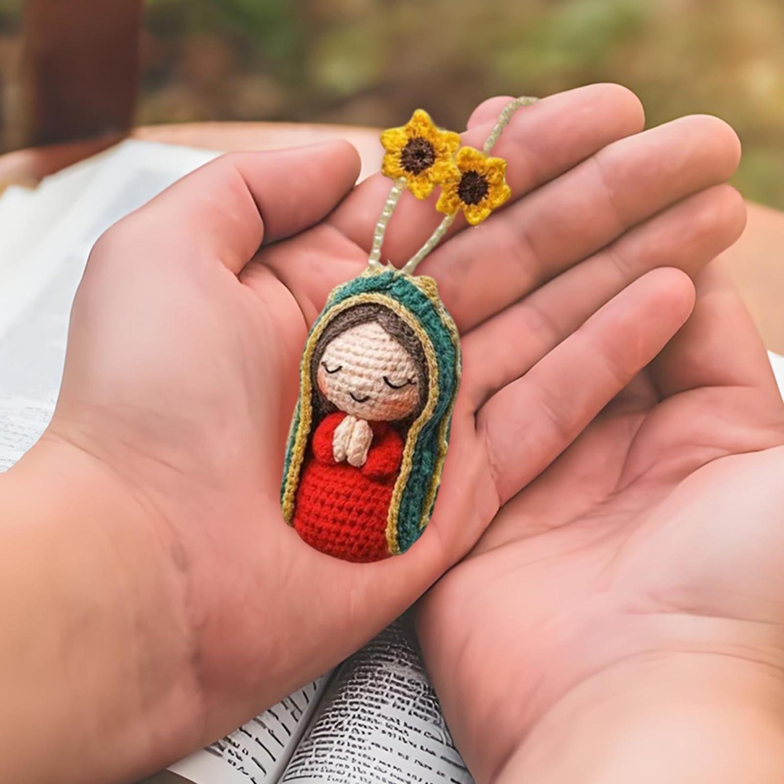 Maria Doll Sunflower Yarn Handmade Knitted Portrait Rearview Mirror Puppet Hanging Hook Gift, Unique Crafted Decoration Item