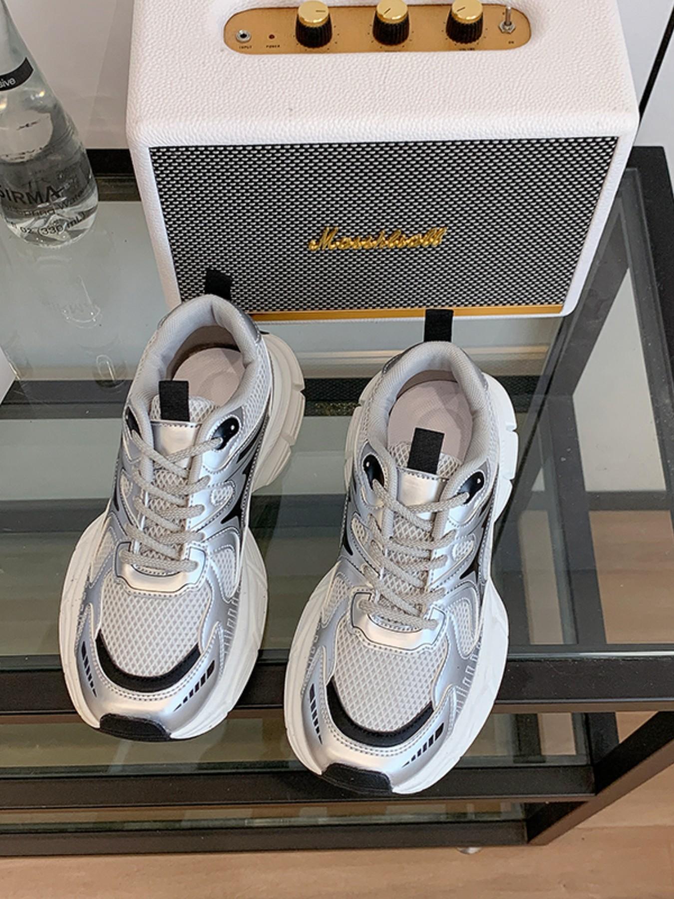 Women's Silver Patchwork Sneakers, Thick Sole Dad Shoes, Casual Round Toe, Medium Width, All Seasons, Multiple Colors Available