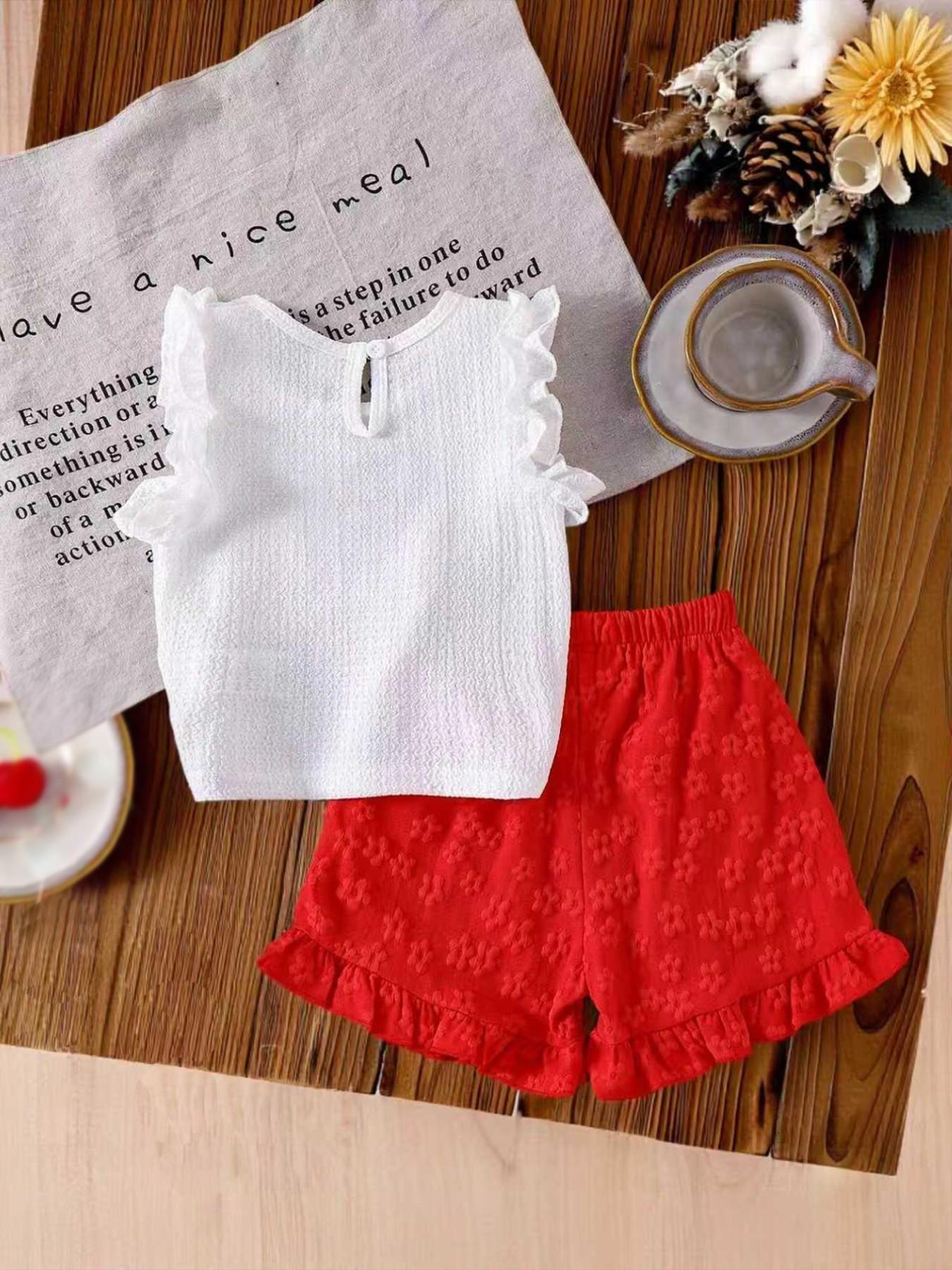 Girls' Textured Fabric Embroidered Summer Two-Piece Set, Cute 3D Pattern Fashion, Essential for Stylish Girls Clothes Kids