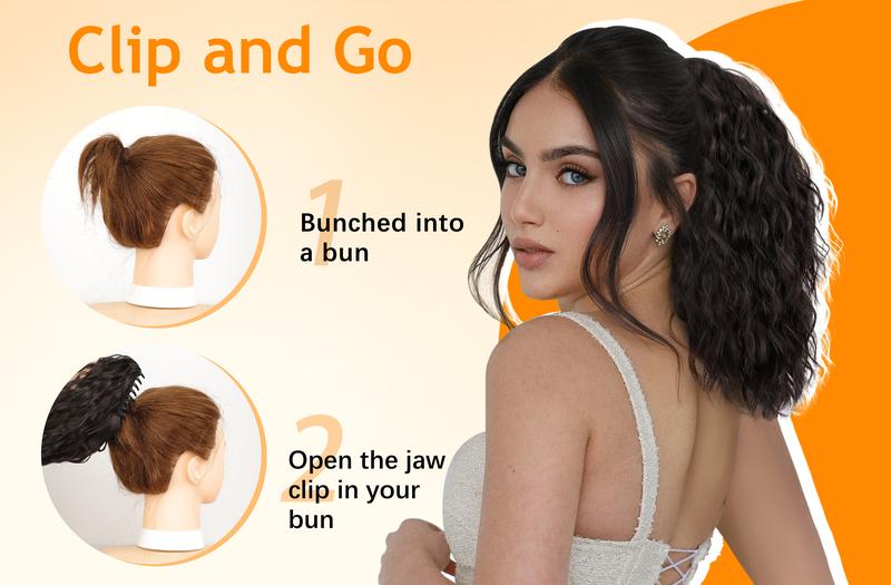 [KooKaStyle]  Black Brown Ponytail Extension 18" Curly Pony Tail Clip in Claw Ponytail Fluffy Natural Looking Synthetic Hairpiece for Women