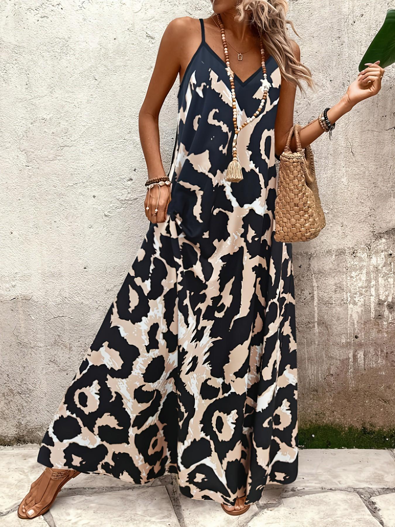 Three Color Options Leopard Print V-Neck Strapless Long Dress, Lightweight Soft Sleeveless A-Line Maxi Dress, Elegant Evening Gown