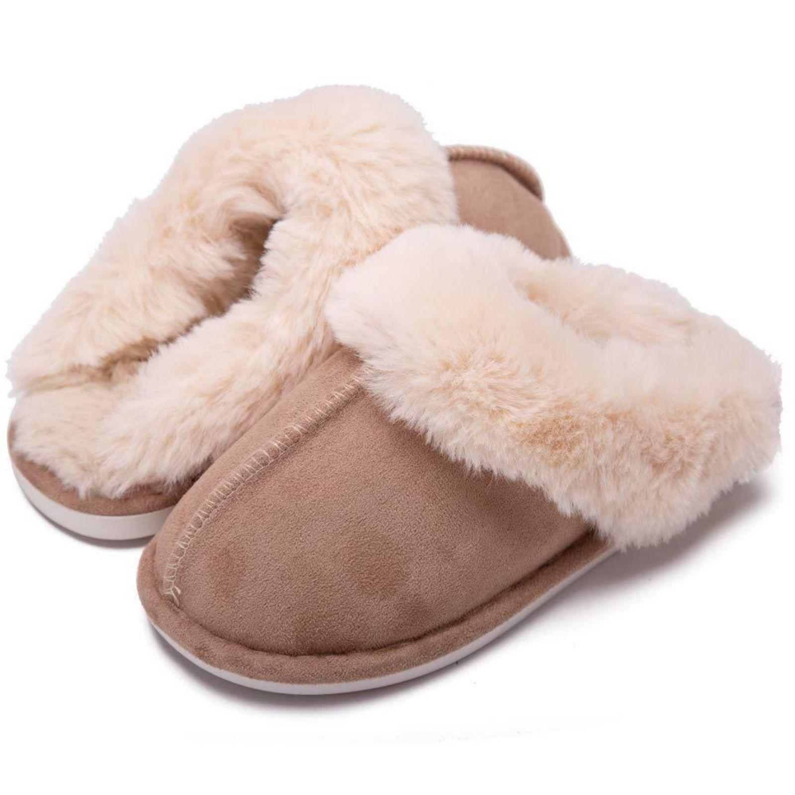 Women's Winter Fur Slippers Suede Fluffy Faux Fur Memory Foam Cushion, Indoor and Outdoor Springfresh