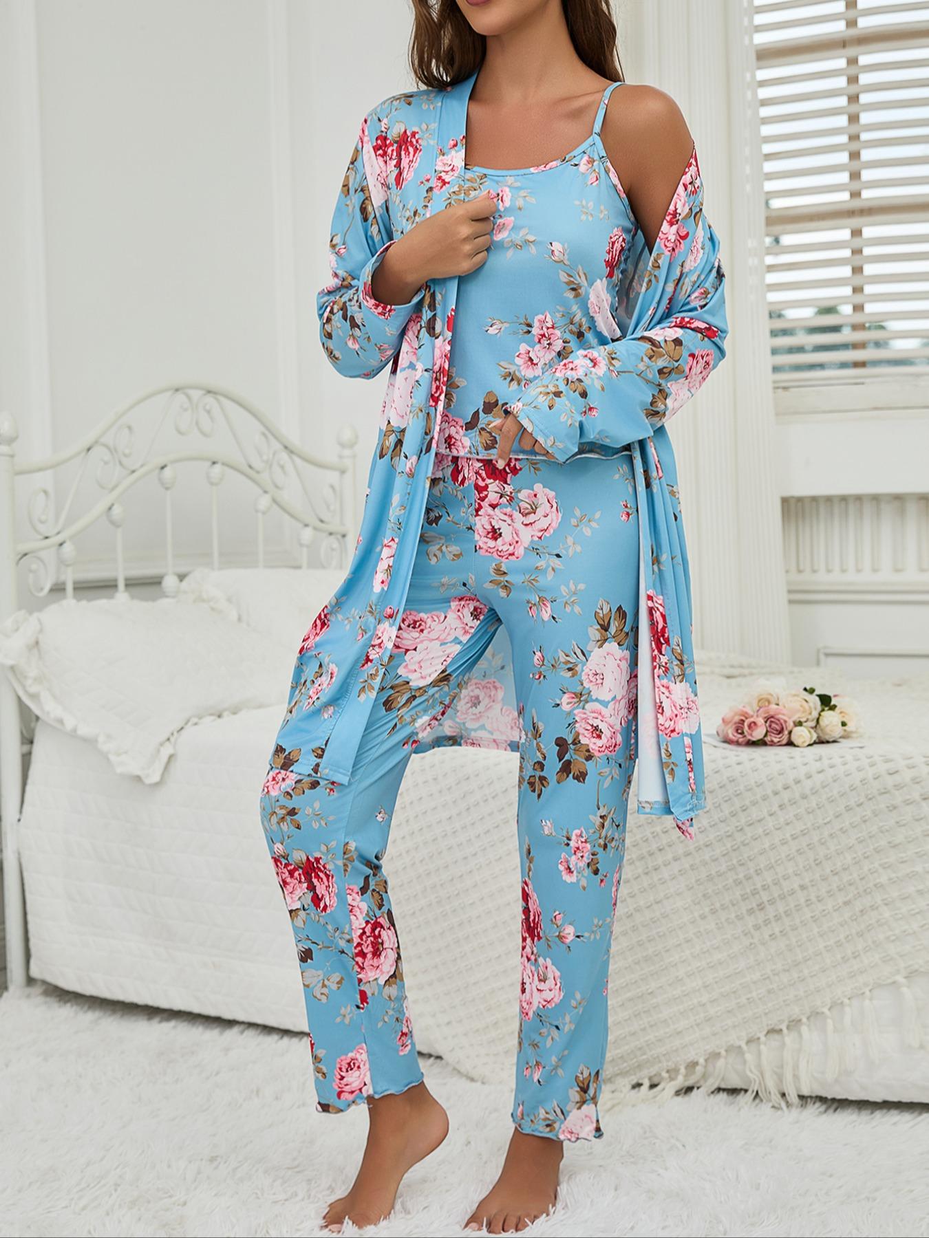 Women's All Over Floral Print Pajama Set, Long Sleeve Open Front Outwear & Pants & Cami Top, Casual Comfy Fitted Sleepwear Set for Women, Loungewear, Knit, Camisole Women's All Over Floral Print Pajama Set, Long Sleeve Open Front Outwear & Pants & Cami Top, Casual Comfy Fitted Sleepwear Set for Women, Loungewear, Knit, Camisole