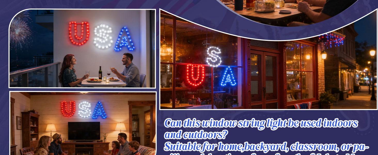 4th of July Window String Lights, USB Powered Twinkle Light for Independence Day Decorations, Memorial Day & Wedding Lights - Red White Blue Hanging Light with 68 LEDs for Trees & Home Decor