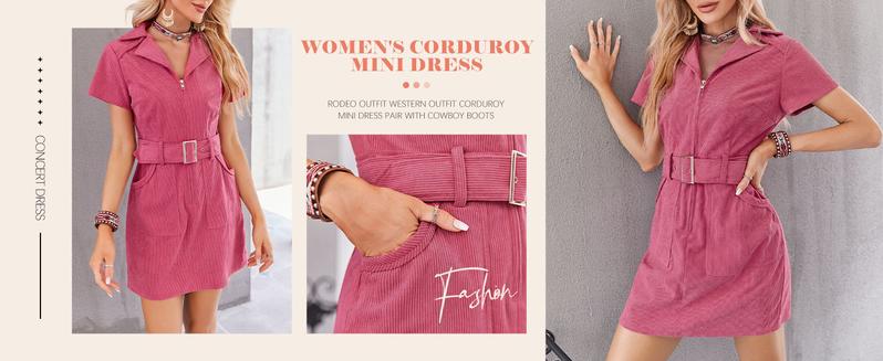 Wenrine Women's Corduroy Mini Dress Short Sleeve Lapel Zip Up Belted Cowgirl Dresses with Pockets