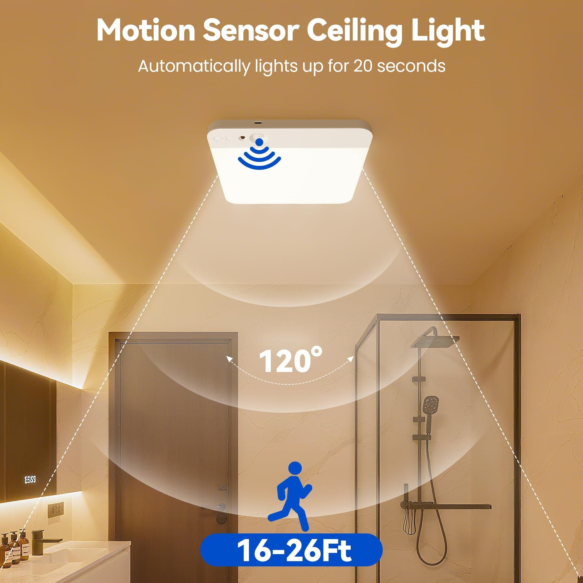 Rechargeable Motion Sensor Ceiling Lights, 4000mAh Battery Operated Lights Indoor with Remote, 3 Color Temperatures in One, Cordless Mount Pir Light for Porch Hallway Cupboard Understairs Bedroom