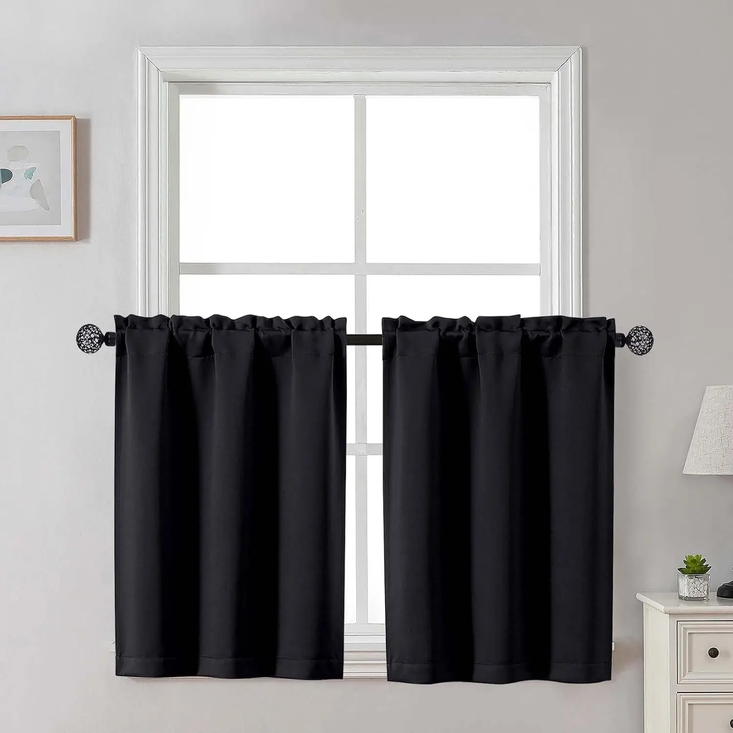 Black Blackout Curtains 30 Inch Length, Short Kitchen Tier Curtains for Bedroom Bathroom Basement, Light Blocking Half Window Treatments Rod Pocket, 2 Panels, Each 30"W x 30"LGift
