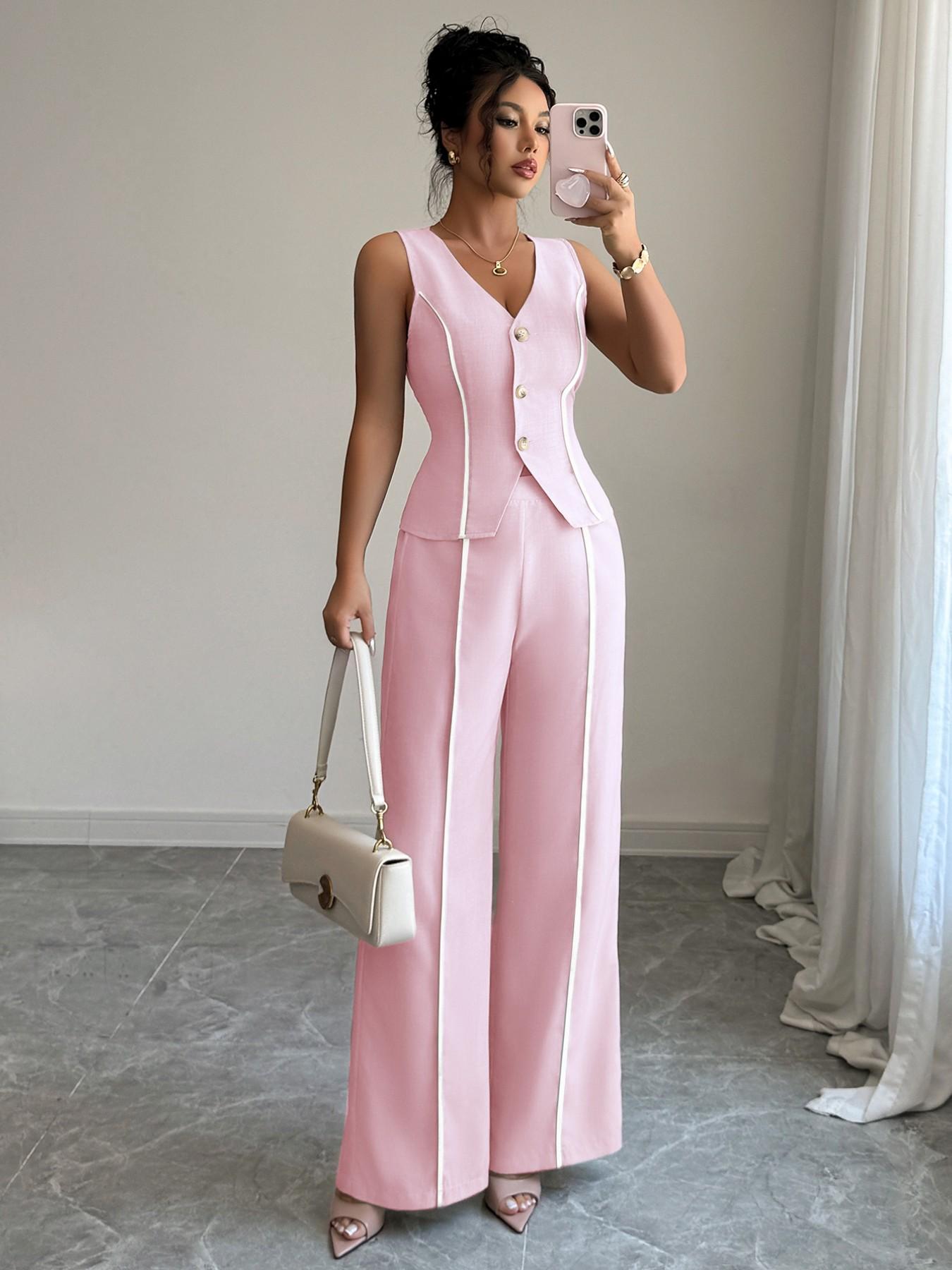 Colorblock V-Neck Sleeveless Vest Set with Wide Leg Pants, Spring & Fall Fashion, Slim Fit, Plain Pattern, Natural Waist