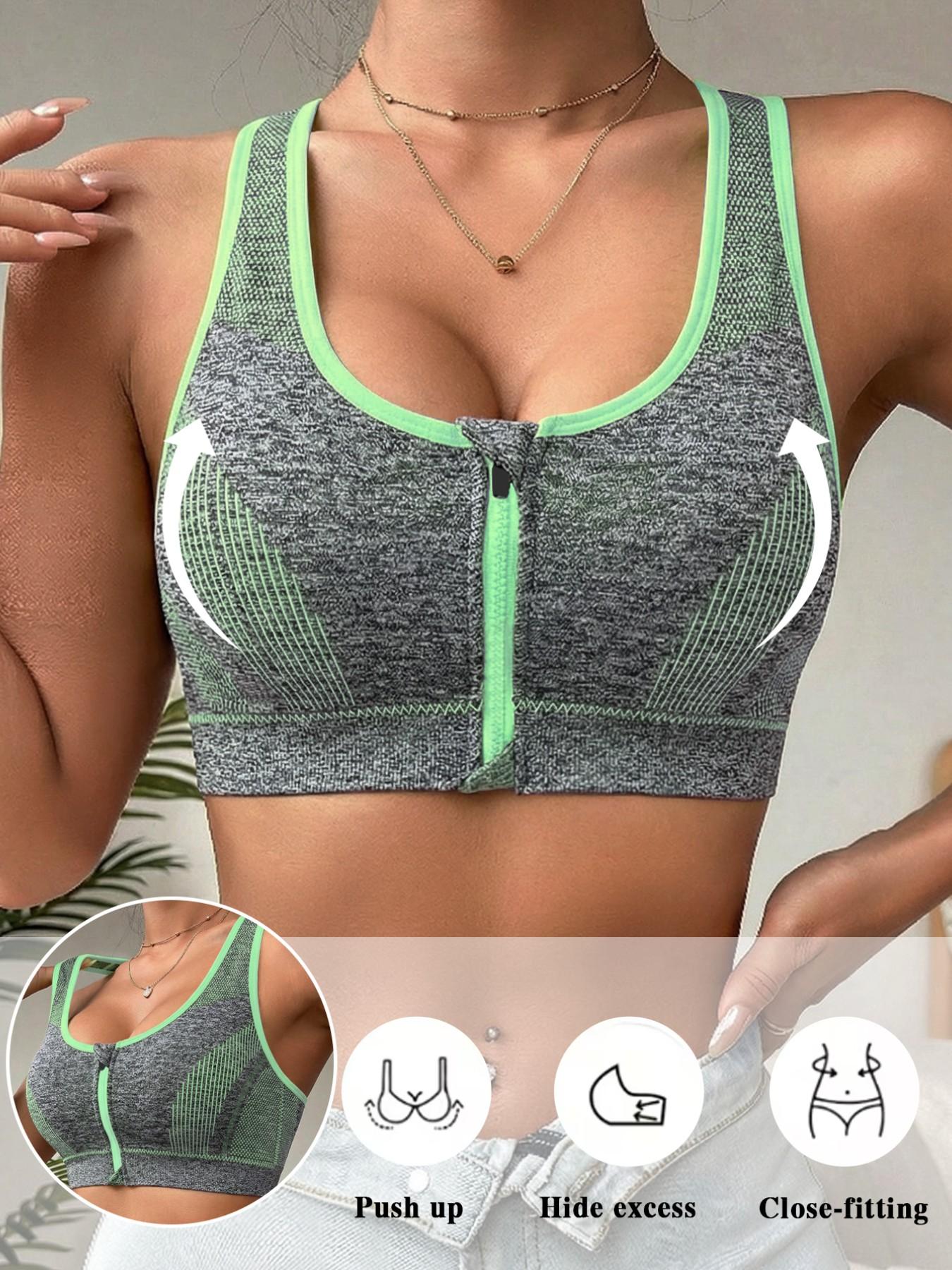 Women's Plus Size Front Zip Sports Bra, High Impact Push Up Wireless Bra, Breathable Mesh Racerback Workout Yoga Bra for Gym Fitness Running Women Workout Clothes