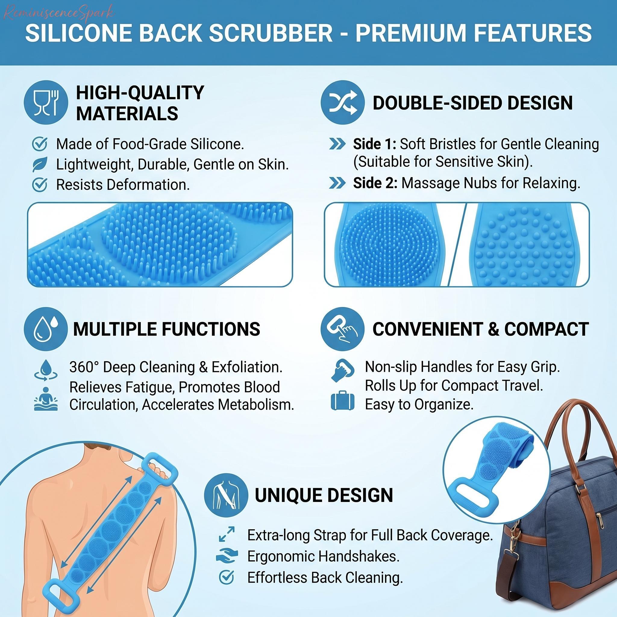4-Pack Flexible Silicone Back Scrubber with Long Strap, Double-Sides Exfoliates & Massages, Sensitive-Safe Rinse-Dry Shower Body Brush for All Skin Types (Camping & Hiking Bath Accessory)