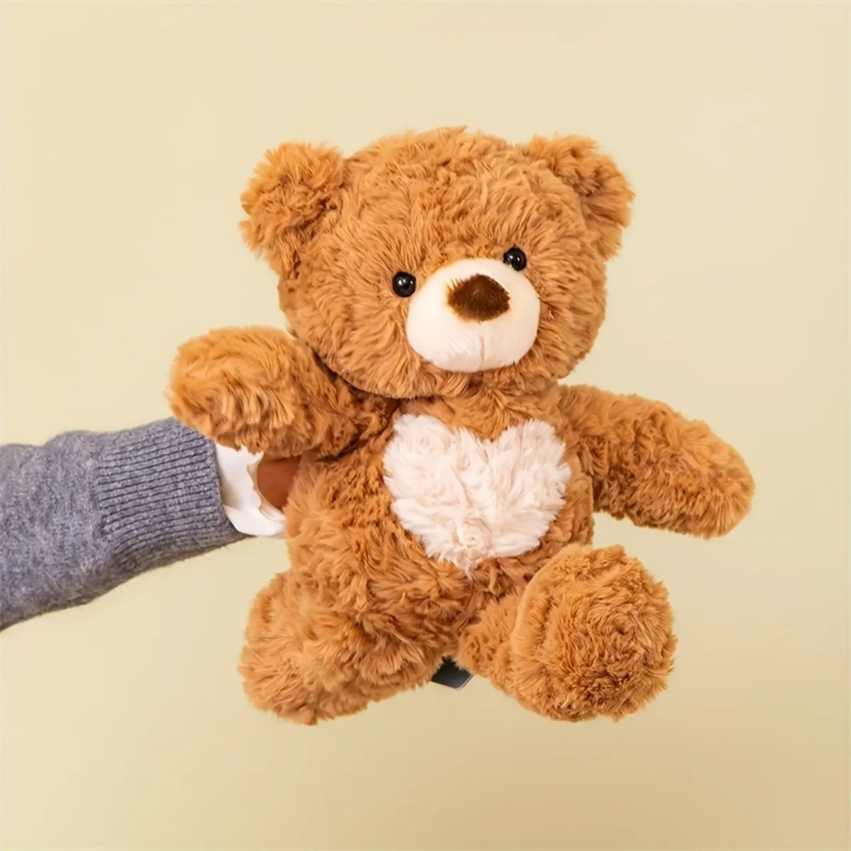 Soft Fluffy Running Teddy Bear Plush Doll with Heart Patch, Cute Stuffed Animal Bear Toy, Huggable Plushie Gift for Birthday Valentine Home Decor