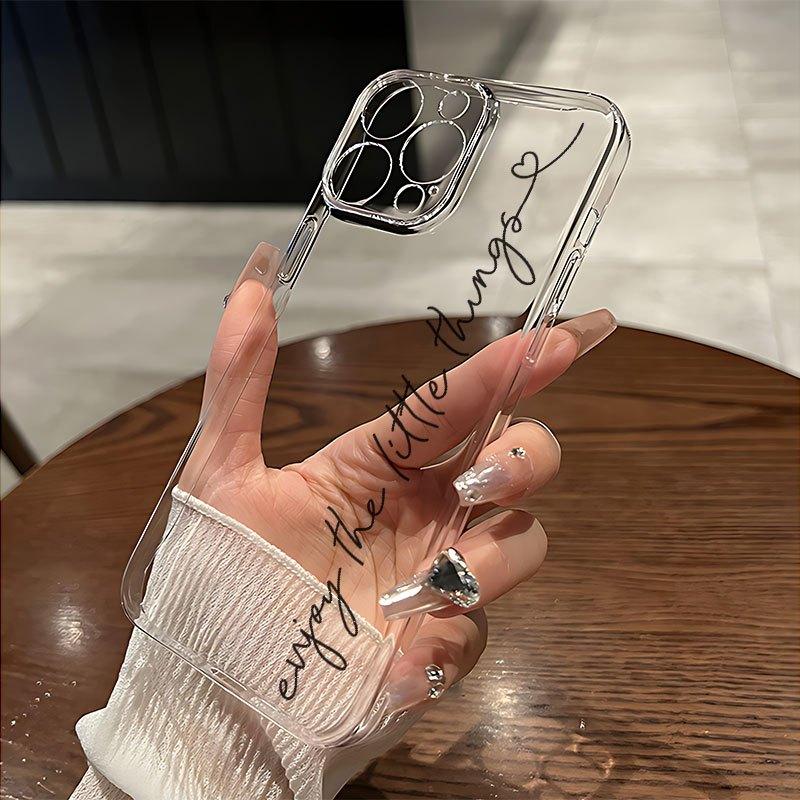 Script Quote Minimal Clear Phone Case, Positive Mood Electroplated Style for iPhone 17 16 15 14 13 12 11 X Plus Pro Max, Shockproof Gift