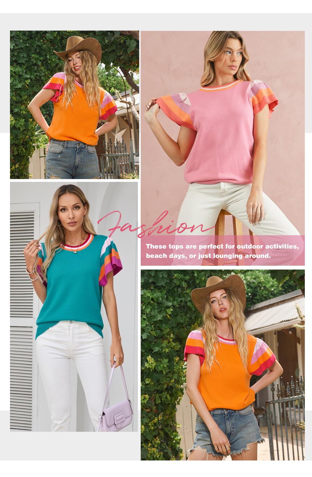 Shewin 2026 Spring/Summer Women's Color Block Short-Sleeve Soft Knit Pullover Round Neck Loose Fit Lightweight Versatile Everyday Knitwear Elegant Chic Solid SpringStatements