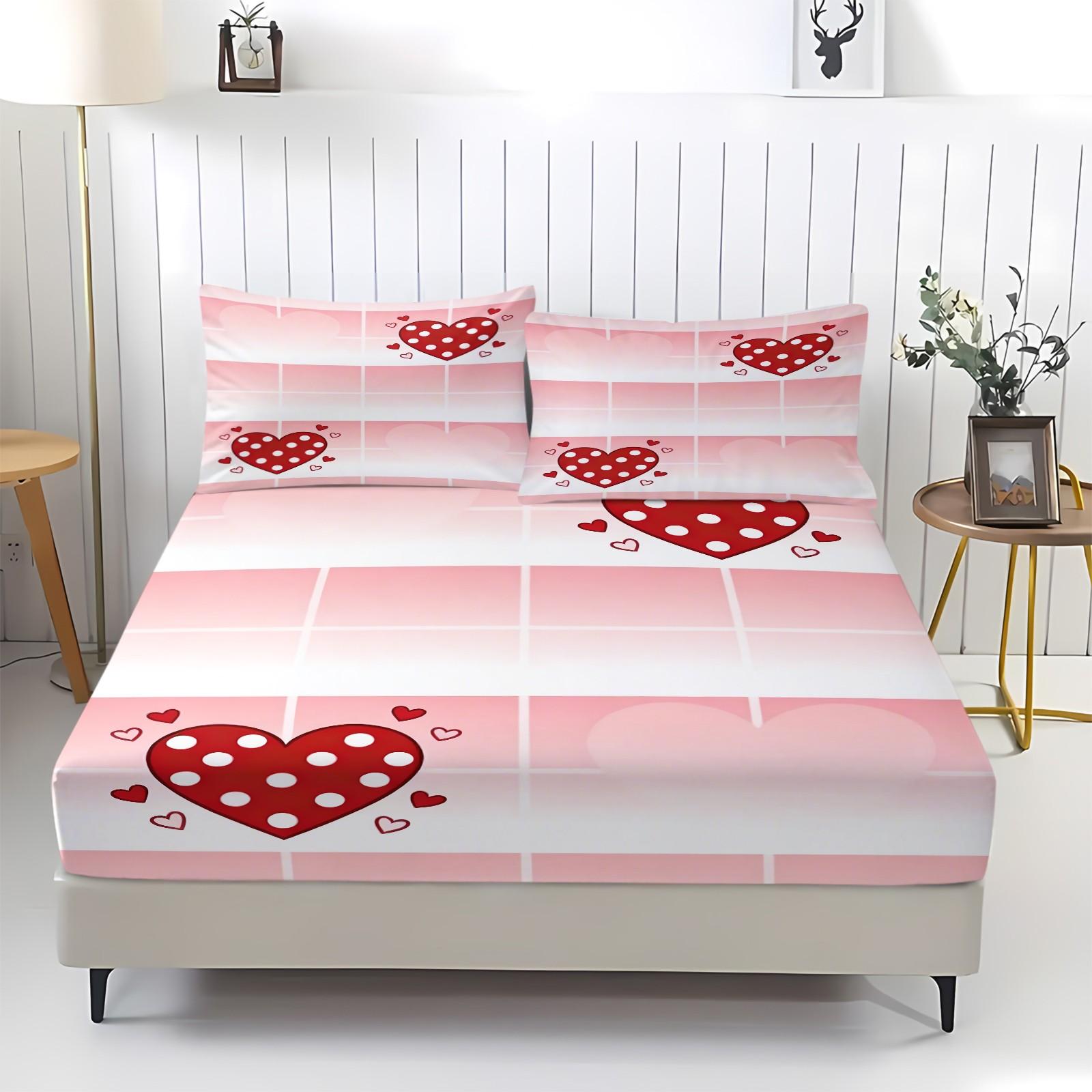 Valentine'S Day Themed Sweet Pink Gradient Plaid Pattern Bedding Set, 3-Piece Set With Red Polka Dot Heart-shaped Print Fitted Sheet Set, Perfect for A Romantic Girl'S Bedroom Decor. Includes 1 Fitted Sheet and 2 Pillowcases.