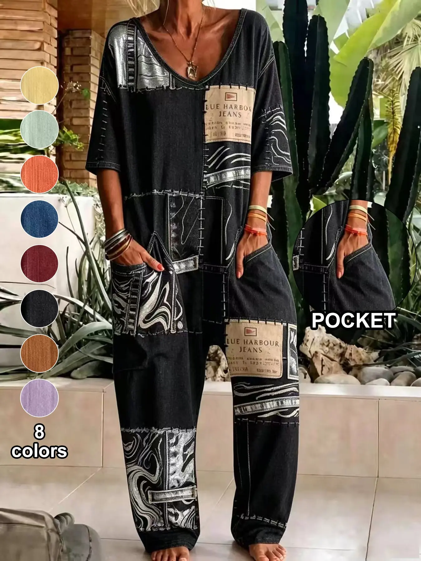 Women's Denim Print Romper with Pockets, V-Neck Three Quarter Sleeve Loose Fit One-Piece, Patchwork Wide Leg Everyday Casual Vacation Wear
