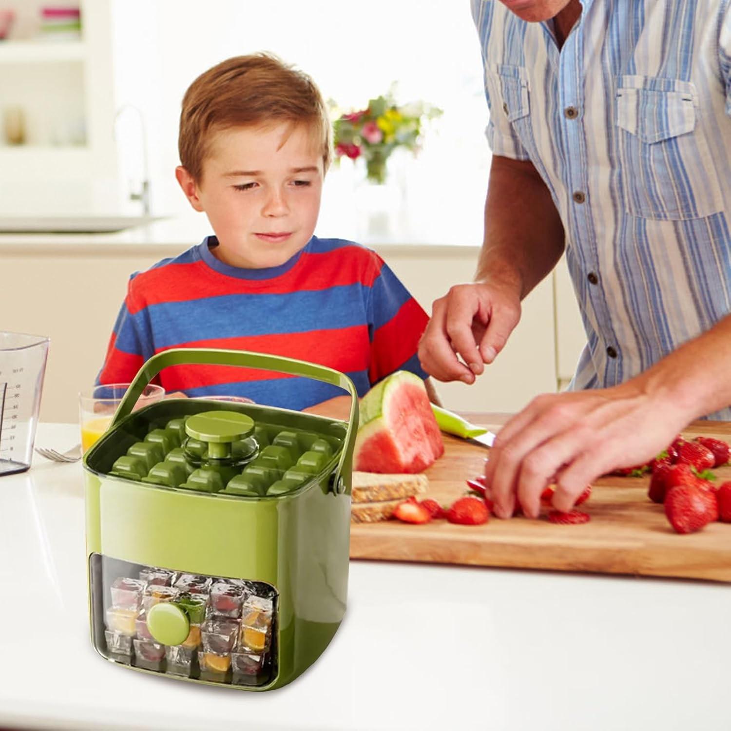 Compact Ice Tray with Lid and Trash Bin, Mini Press Ice Maker, Space-Saving Small Ice Bucket with Clip, Ideal for RV, Office, Mini Fridge, Water Bottle