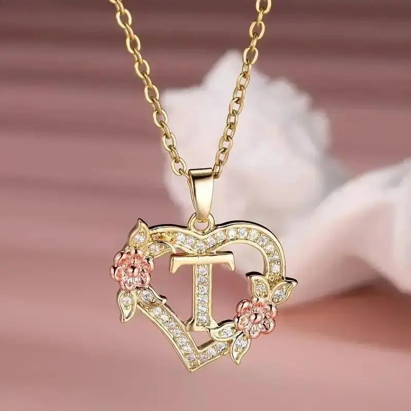 Rose Gold Initial Necklace for Women, Elegant Stainless Steel Letter Heart Pendant with Sparkling Zircons, Personalized Valentine's Day Gift