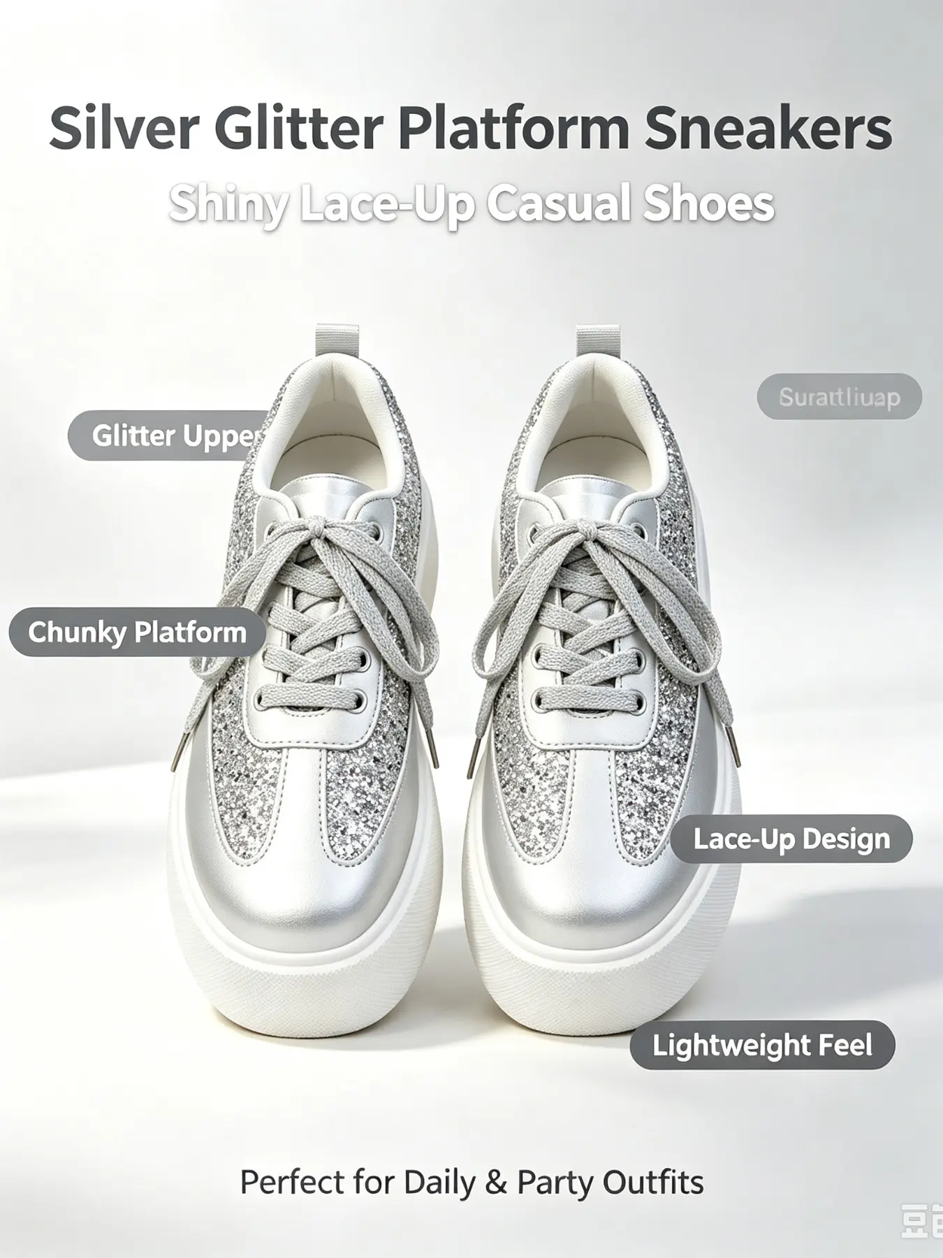 Silver Color Glitter Thick Sole Board Shoes, PU Leather Casual Sneakers, Women's All-Season Footwear, Comfortable & Stylish