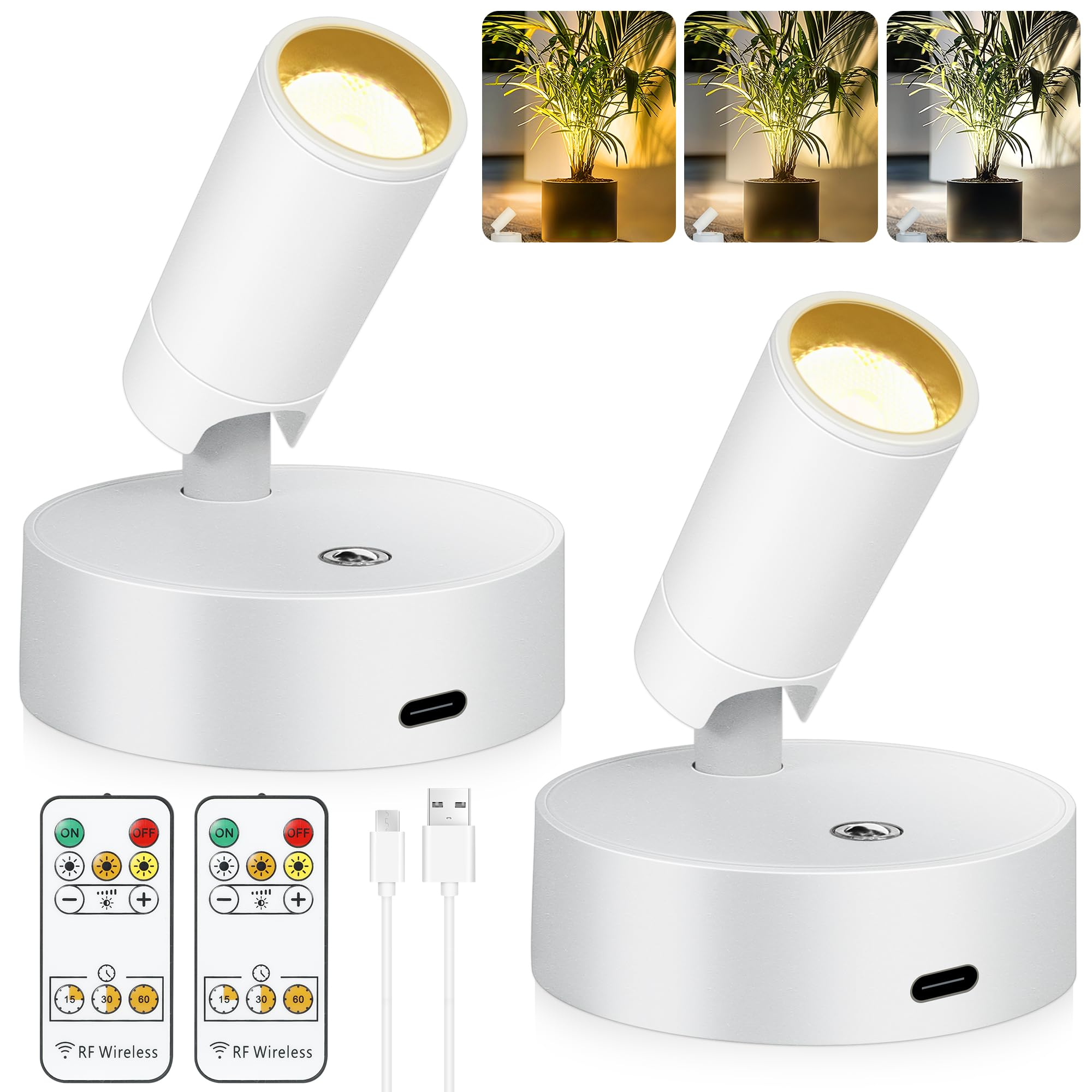 2 Pack Wireless Spot lights Indoor, Rechargeable Uplighting Indoor with Timer＆Dimmable, 3CCT Tree Lights Indoor Battery Operated, LED Spotlight Accent Up lights Indoor for Plant, Artwork, Plant -White