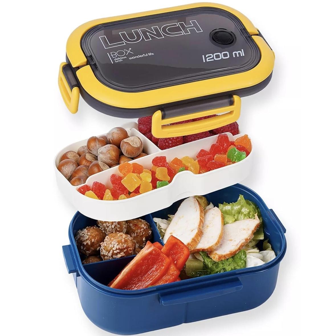 Double Layer Lunch Box with Compartments, Microwave Safe Reusable Plastic Food Container Set, Durable & Dishwasher Friendly, Ideal for School Work Use