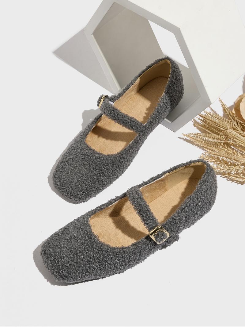 Women's Fashion Flat Square Toe Faux Fur Single Shoe, Retro Style, Comfortable Outdoor Maternity Shoes, Spring & Fall, Furry Shoes