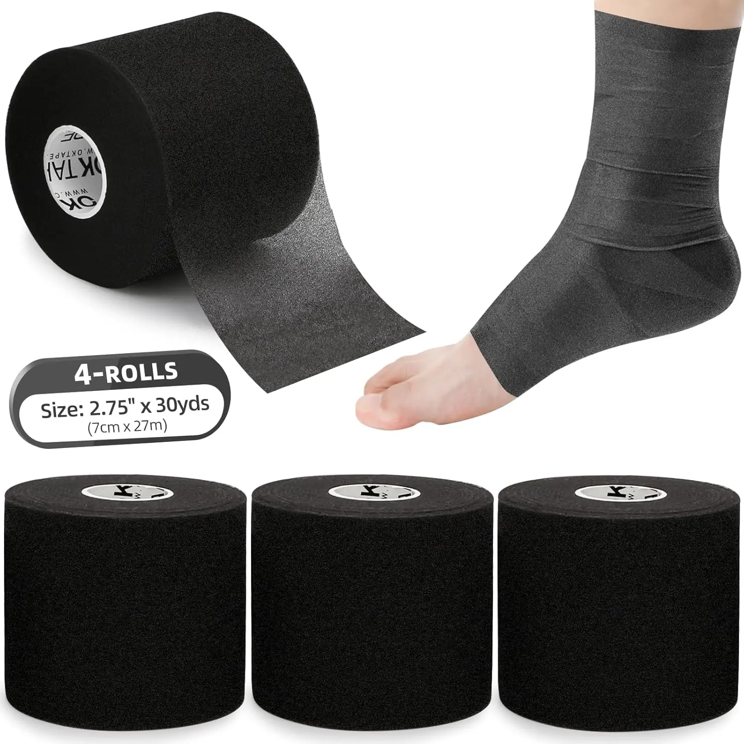 Outdoor activitiesOK TAPE Pre Wrap Tape 4-Rolls 120 Yds Athletic Foam Underwrap for Sports |   Soft, Breathable, Skin-friendly and Latex-free, Protect for Ankles Wrists Hands and Knees, 2.75 Inches - Black
