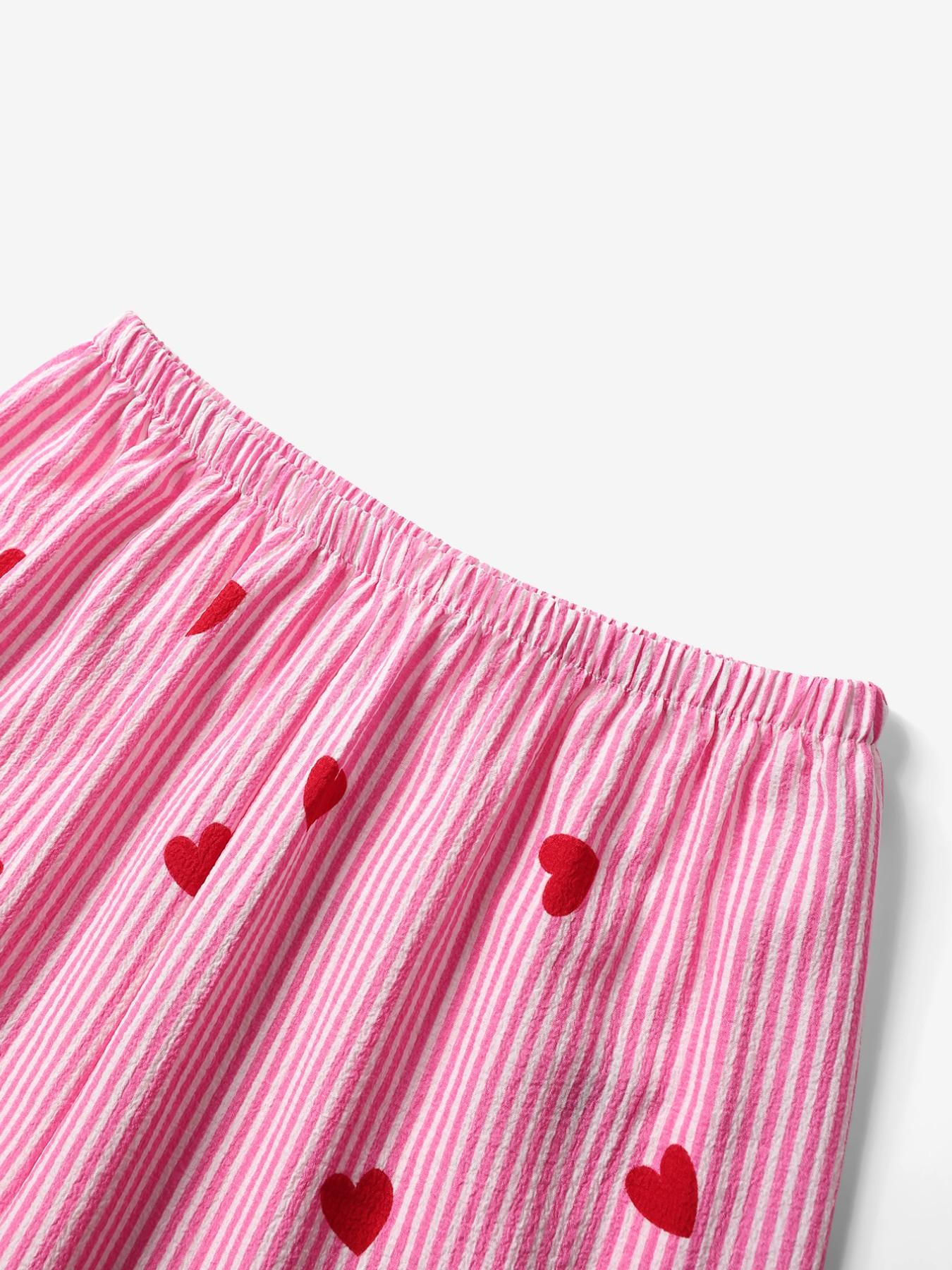 Women's Cute Pajama Sleepwear Set, Heart Pattern V Neck Button Short Sleeve Top & Pants, Lightweight Polyester Loungewear Homewear