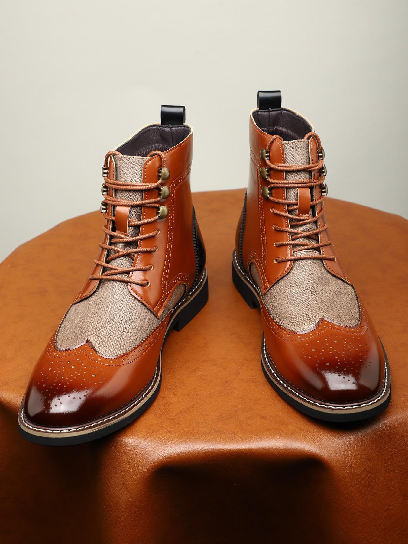 Men's Colorblock Block Heel Round Toe Boots, Casual High-Top Shoes for Daily Wear, Comfortable Fashion Footwear for Men