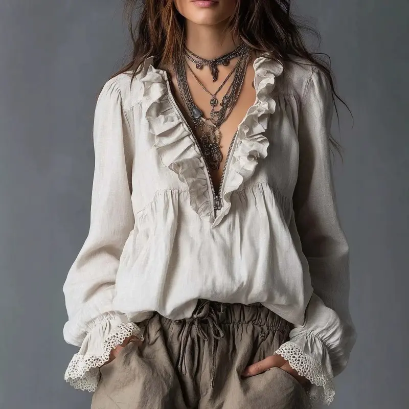 2026 V-neck lace bell-sleeve loose bohemian long-sleeve ruffle top
