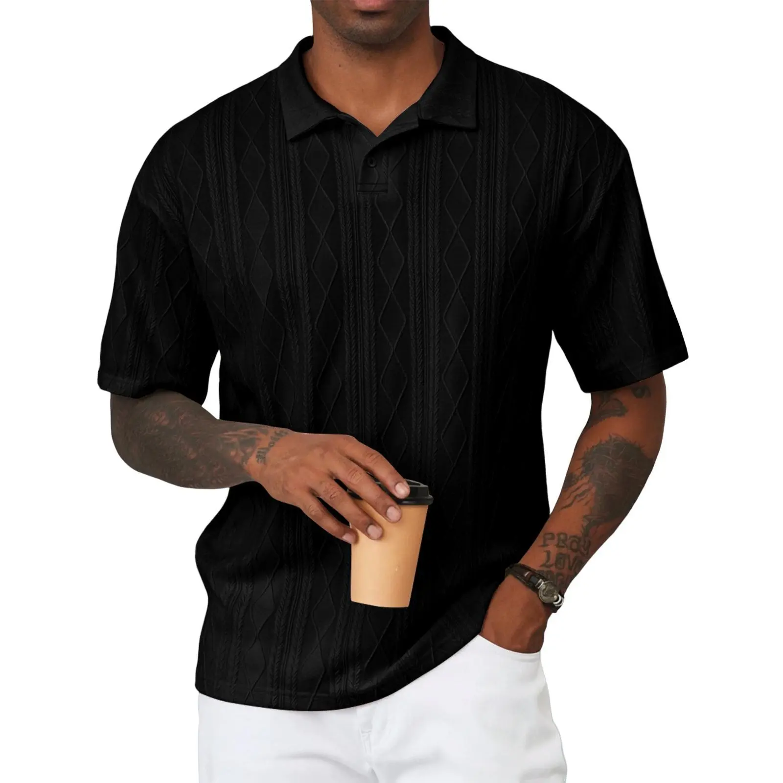Men Polo Shirt Textured Knit Button Casual Short Sleeve Summer Vacation Beach Stretchy Golf Shirts