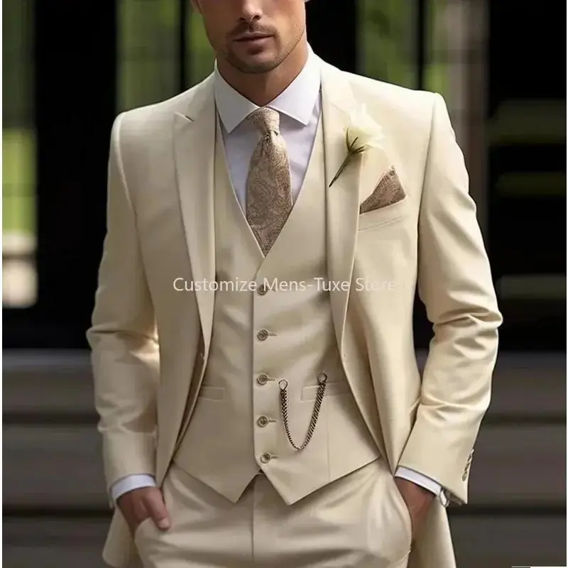 Beige 3 Piece Men's Suit Set Single Breasted Business Formal Tuxedo Jacket Vest Pants for Groom Groomsman Prom Wedding Party Workwear
