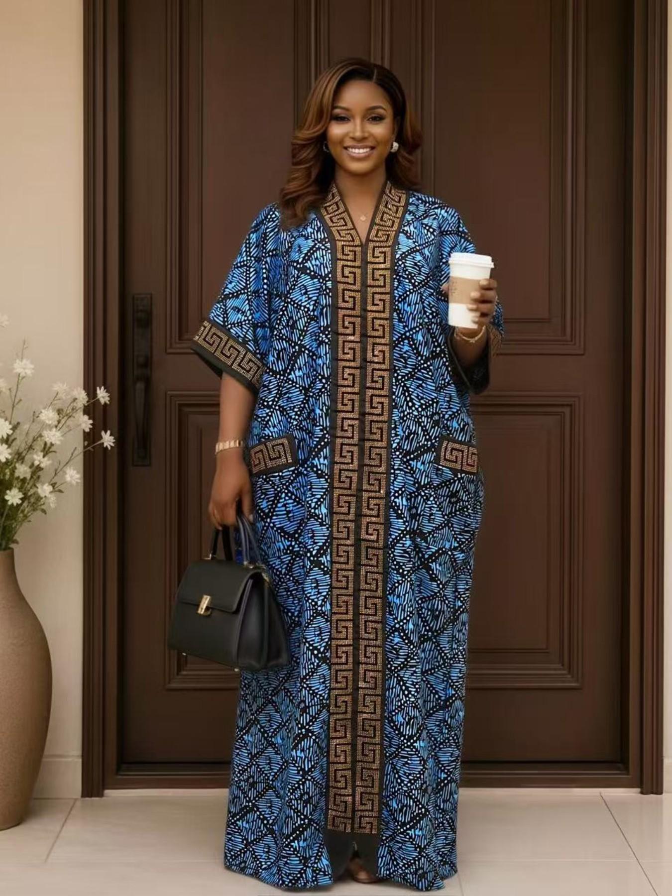 Hot selling plus size loose ethnic women's boubou kaftan high-end hot stamping printing V-neck short sleeved summer casual daily slimming retro party dress