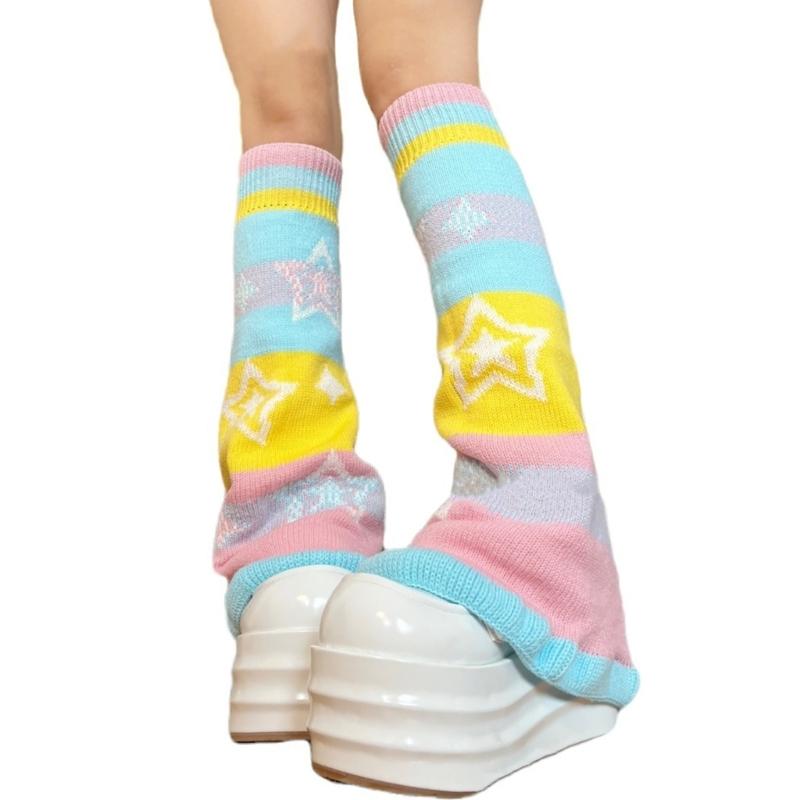 Women Girls Candy Color Rainbow Flared Leg Warmers Sweet Star Pattern Aesthetic Knitted Footless Covers Socks for Adults Teens