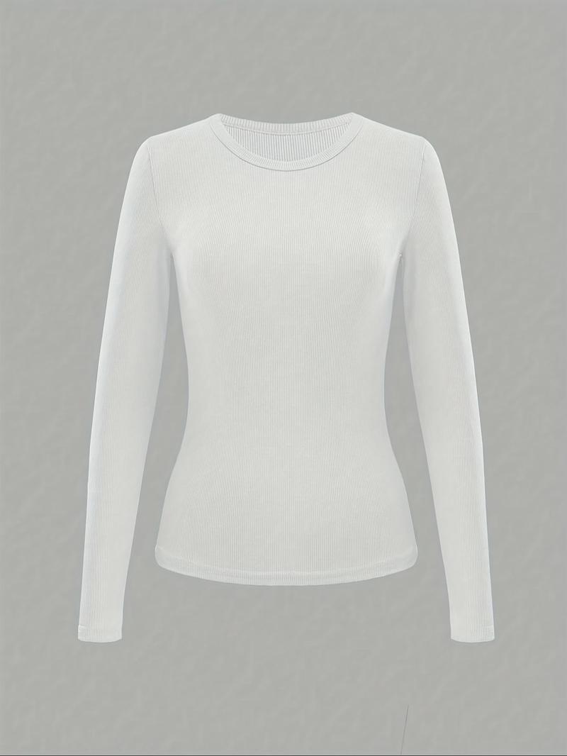 Women's Casual Slim-Fit Long Sleeve T-Shirts, 3-Pack Plain Ribbed Round Neck Tops, Medium Stretch, Perfect for Spring & Fall