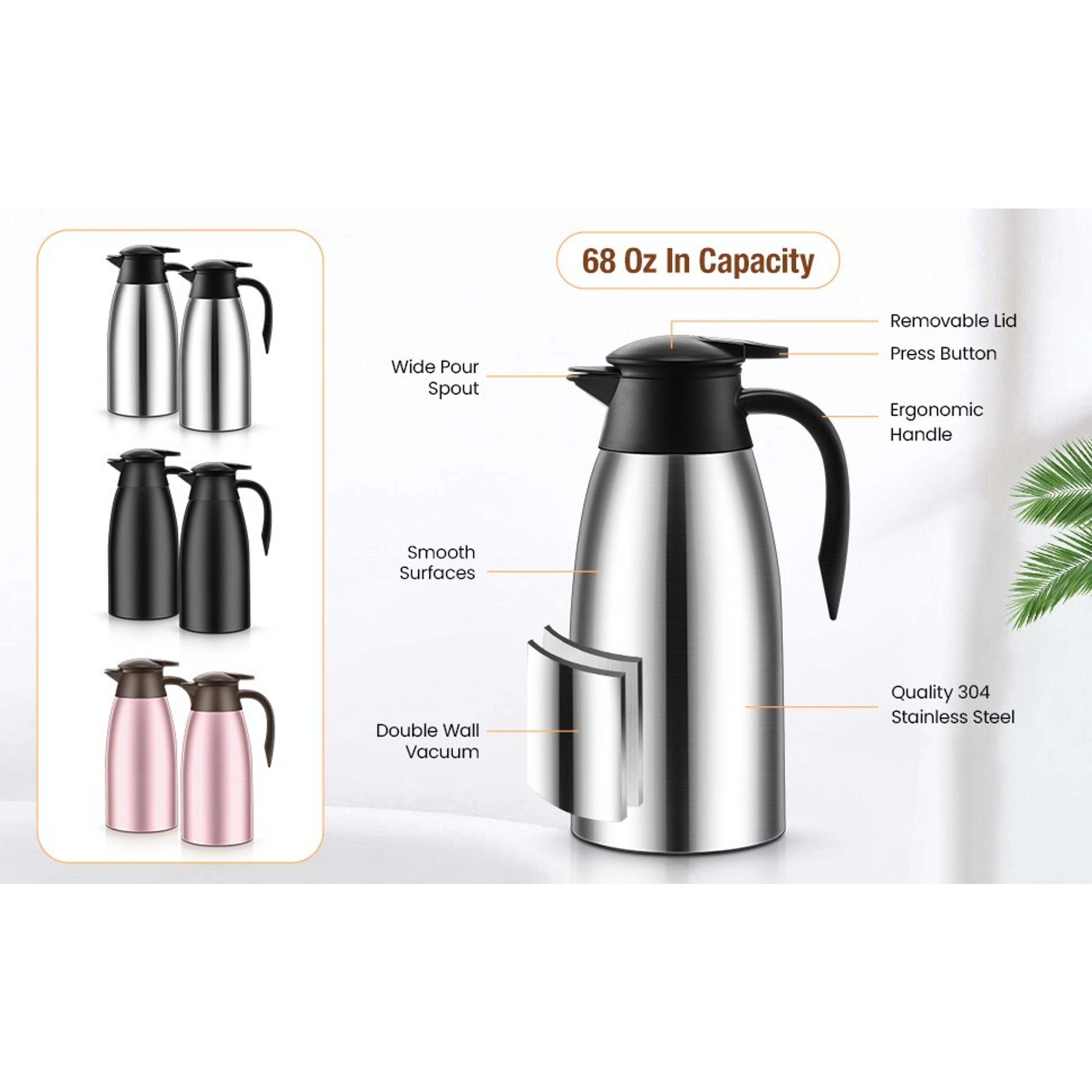 Stainless Steel Thermal Coffee Carafe Set (2 Pcs, 68 oz, Silver) - Insulated Vacuum Pot with Lid, Brushes for Pouring Hot Water, Coffee, Tea, Milk; Creamer Pitcher Jugs Dispenser