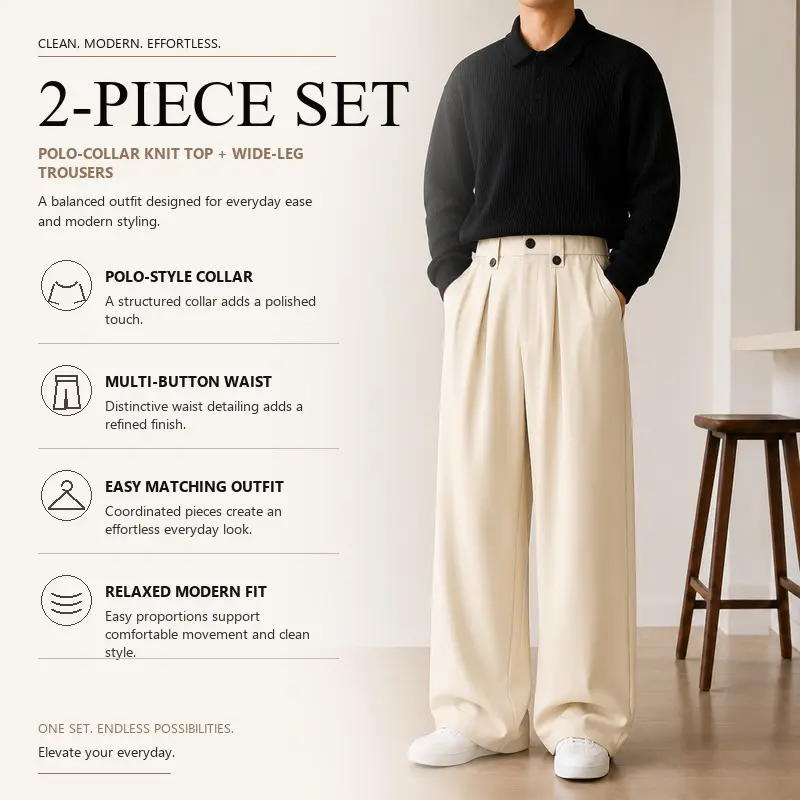 Men's Everyday Two-Piece Coordinated Set, Polo Collar Ribbed Knit Sweater with Straight Leg Tailored Pants, 8 Curated Solid Color Pairings, Sizes S-XXL, Daily Work Travel Style, Group 8