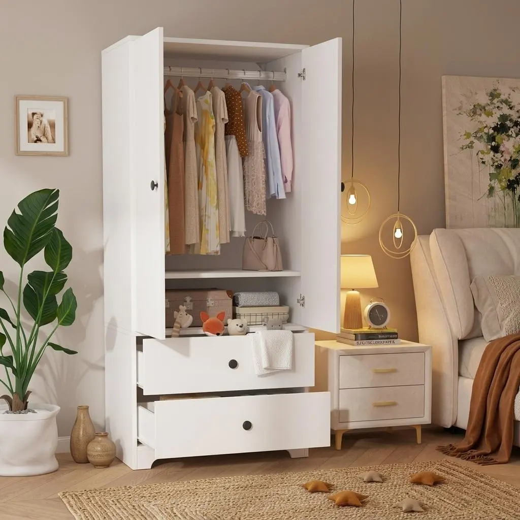 71inch Armoire Wardrobe Closet, 2 Doors Wooden Wardrobe Closet with 2 Drawers, Wardrobe Cabinet for Bedroom with Hanging Rod and Adjustable Shelf