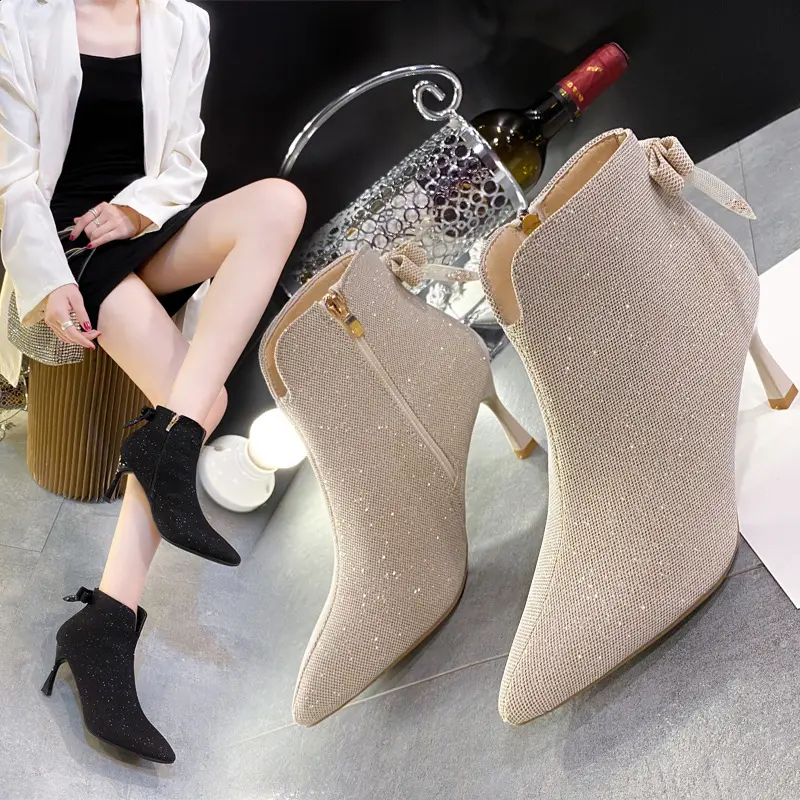 Women Glitter Sequin Pointed Toe High Heel Ankle Boots, Elegant Bow Decor Side Zipper Slim Fit Short Booties, Non‑slip Block Heel Formal Footwear Suitable For Wedding Banquet Party Dating Daily Commute Autumn Winter Dress Matching
